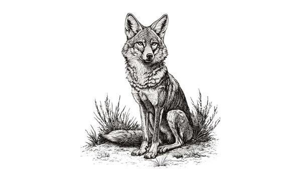 Coyote engraving, hand-drawn desert mammal, vintage monochrome etching, wilderness art, old sketch style, trendy wildlife illustration, desert decor print, rustic nature design,