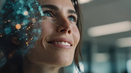 Woman Looking Upward with Glowing Network Overlay, Representing Innovation and Digital Transformation in Modern Technology and the Future of Connectivity : Generative AI