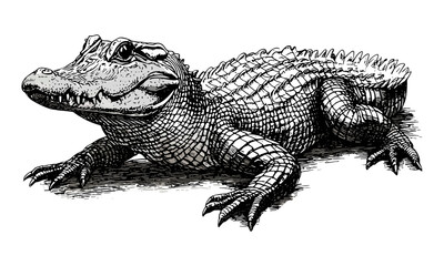 Vintage Crocodile Engraving, Detailed Nature Illustration, Monochrome Reptile Line Art, Rustic Wildlife Drawing, Retro Fauna Sketch, Black Sketch, Old Style Etching, Animal Art