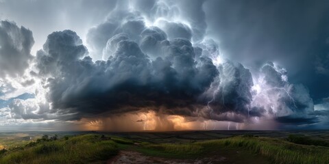 Dramatic thunderstorm with lightning over vast landscape at dusk on a summer evening