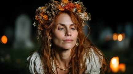 Woman in floral crown reflects in a candlelit graveyard during a night ceremony