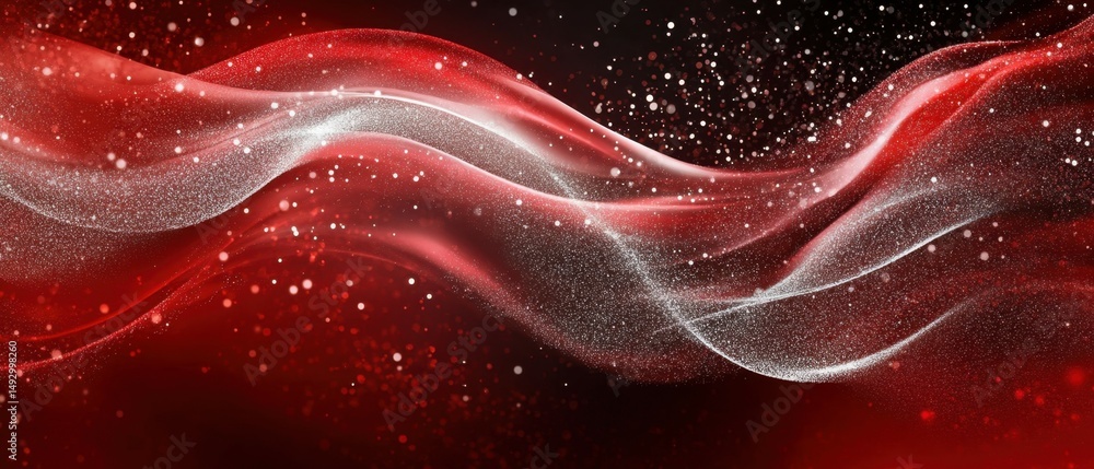 Poster abstract red and silver wave design with sparkling effects on a dark background.