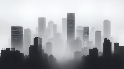 Naklejka premium Minimalist urban landscape, few buildings, foggy background, grayscale tones, spacious mood 