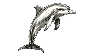 Hand-drawn dolphin engraving, vintage marine mammal etching, black sketch style, nautical ocean decor, coastal wildlife art, old engraving illustration, seaside vintage print, trendy design © Vintage Studio