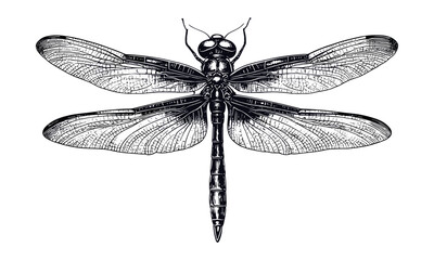 Hand-drawn vintage dragonfly engraving, monochrome etching style, insect sketch on branch, floral decor print, spring garden illustration, old engraving style, nature art, botanical