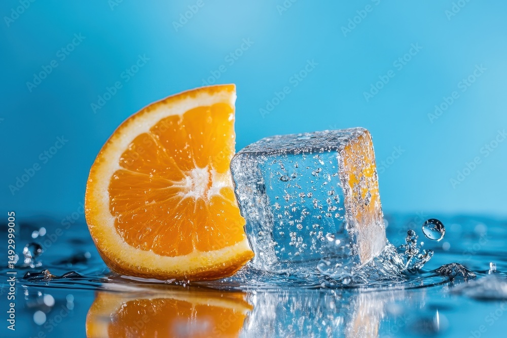 Poster refreshing ice cube resting on an orange slice with bubbles in water against a blue backdrop, ice cu