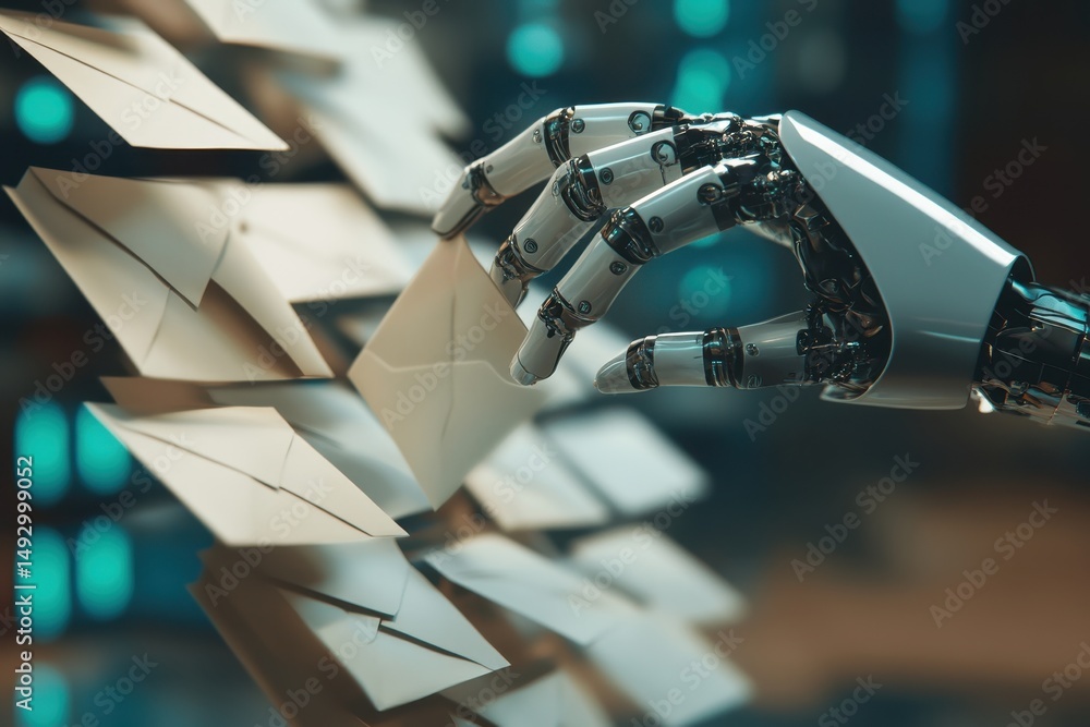 Poster ai system sorts letters into envelopes efficiently and accurately in a modern workspace, ai-powered 