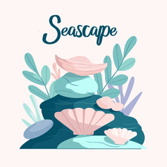 Seascape Illustration: A vibrant illustration of a seascape, featuring a collection of seashells resting on rocks, surrounded by aquatic plants.
