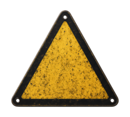 Aged and Weathered Yellow and Black Triangular Warning Sign with Mounting Holes, Rusted Metal Surface, Industrial Safety Symbol, Isolated on Transparent and White Background
