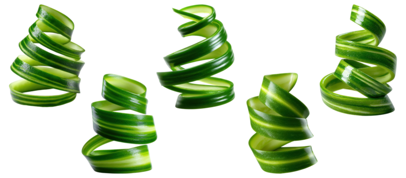 Set of fresh green cucumber peel spirals, isolated on transparent background