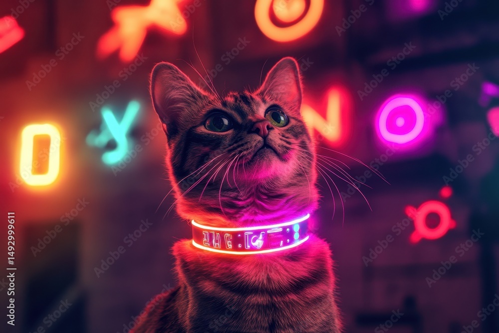 Poster cat caught in the glow of its colorful collar while curiously eyeing a floating object, cat wearing 