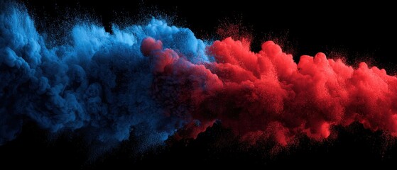 Collision of Red and Blue Powder Clouds on Black Background Abstract High Speed Photography Explosion