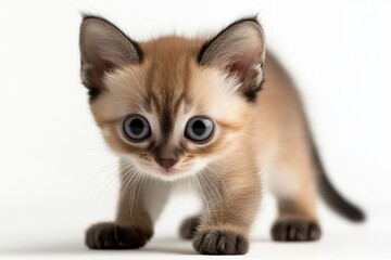 Curious kitten exploring a bright indoor space with soft fur and large expressive eyes