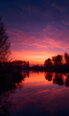 Fototapeta premium Scenic sunset over tranquil lake reflects vibrant colors creating a peaceful and serene atmosphere