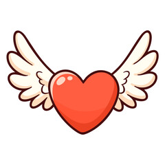 Red heart with white wings, flying free, love concept, doodle isolated cute clean and simple cartoon vector illustration