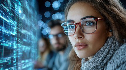 Focused tech worker analyzing data with glasses in modern environment