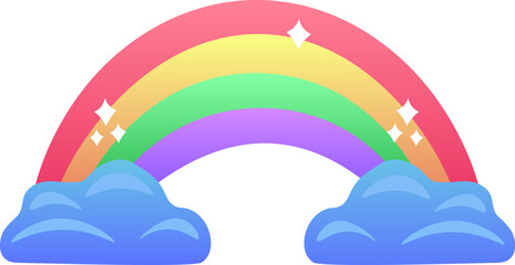Rainbow vector illustration, colorful arc between clouds, cheerful weather symbol, bright gradient, sky scenery, cartoon style, isolated clipart