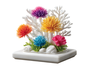 coral reef scene made of white marble, isolated on a solid, stark transparent background