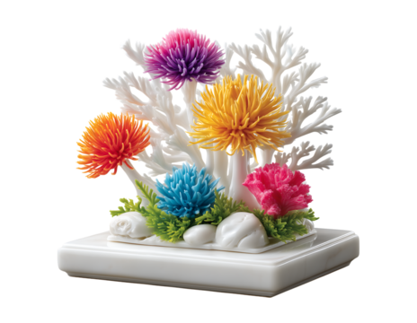 coral reef scene made of white marble, isolated on a solid, stark transparent background - Powered by Adobe