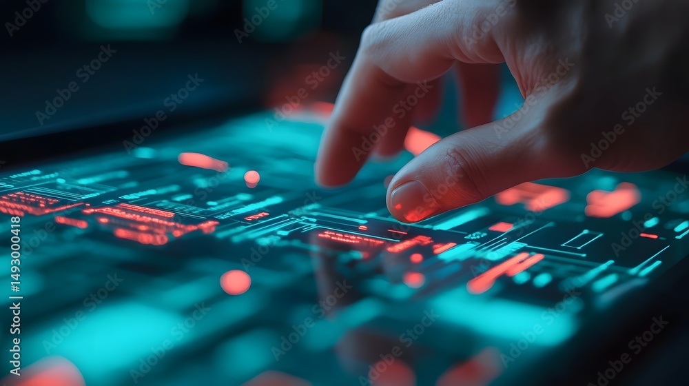Poster hands interacting with a futuristic banking tablet display