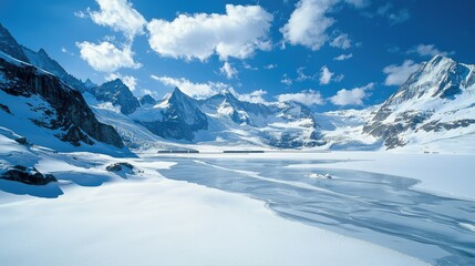 stunning shot of the Bernina Express traveling alongside the Moteratsch Glacier, with the rugged peaks of the Swiss