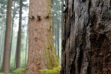 Obraz premium Natural textures of trees captured in a misty forest showcasing the beauty of nature in early morning light