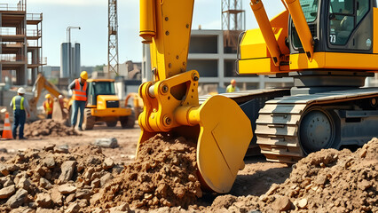 Heavy machinery excavating soil at urban development construction site
