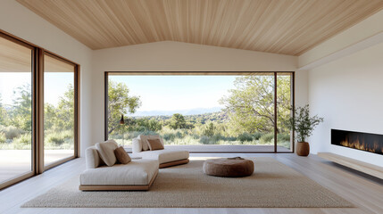Cozy living area with large windows showcasing serene outdoor view, featuring modern sofa