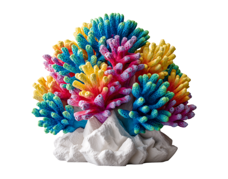 sculpture of an underwater coral reef, featuring vibrant colors with rocks on the bottom for depth, isolated against a transparent background. - Powered by Adobe