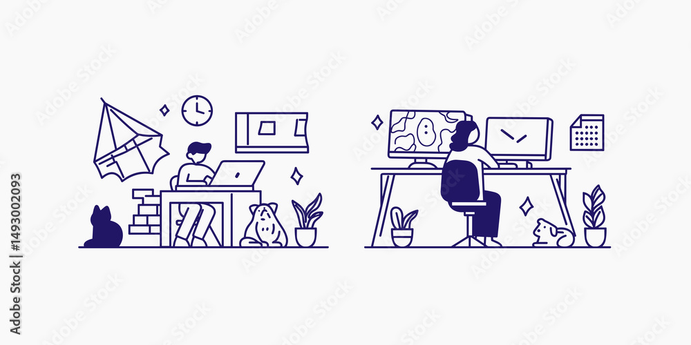 Poster digital duality: a split illustration depicts two distinct scenarios - one with a man working on a l