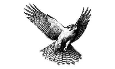 Vintage falcon line art, bird of prey mid-flight, hand-drawn engraving, detailed fauna illustration, rustic wildlife etching, monochrome sketch, retro ornithology print, natural history art