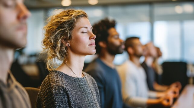 Diverse Group Meditating With Eyes Closed in Office, Promoting Wellness and Corporate Mindfulness Programs for Employee Mental Health and Wellbeing : Generative AI