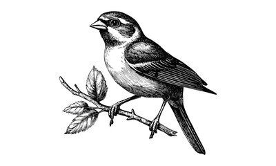 Finch on Twig Engraving, Monochrome Vintage Bird Sketch, Ornithology Art Print, Antique Etching Illustration, Trendy Nature Decor, Wildlife Drawing, Rustic Wall Art