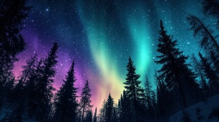 Fototapeta premium A boreal forest under a starry sky, with the silhouette of trees against the Northern Lights.
