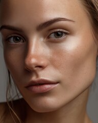 Fototapeta premium Model with natural makeup showcasing clear skin and soft features in a studio setting during daylight hours