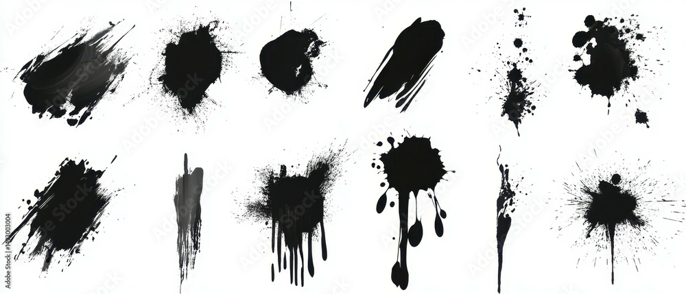 Poster set of paintbrush strokes, ink splatters, and artistic design elements. ink splashes. rough smears a