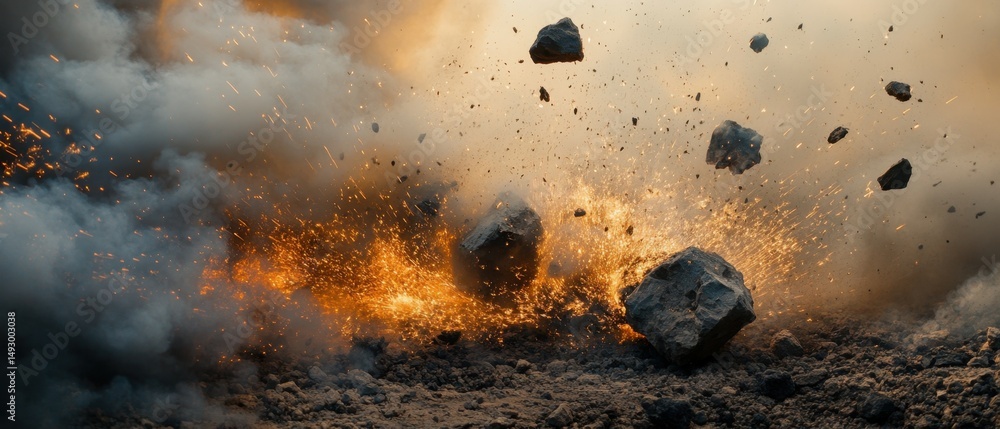 Poster a captivating image of rocks and debris exploding against a smoky backdrop, with amber sparks highli