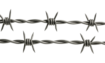 Close-Up of Sharp Barbed Wire with Twisted Metal Strands and Pointed Barbs, Isolated on Transparent and White Background