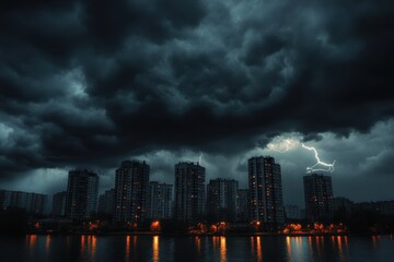 Obraz premium Stormy weather with strong winds and lightning striking over city skyline at night, A storm hit the city, strong winds and lightning covered in black clouds