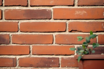 Obraz premium Textured brick wall with a small green plant in a terracotta pot basking in natural light during the day