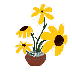 Cheerful Sunflowers in Grey Pot Illustration