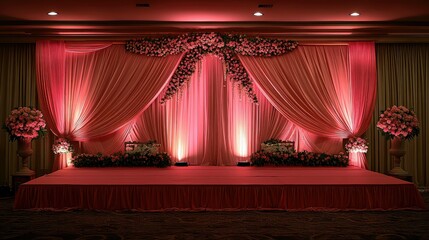 Elegant wedding stage setup with pink drapes, floral arrangements, and soft lighting