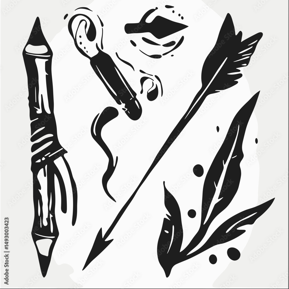 Poster arrows and artistic embellishments: this image is of an array of stylized black ink illustrations, f