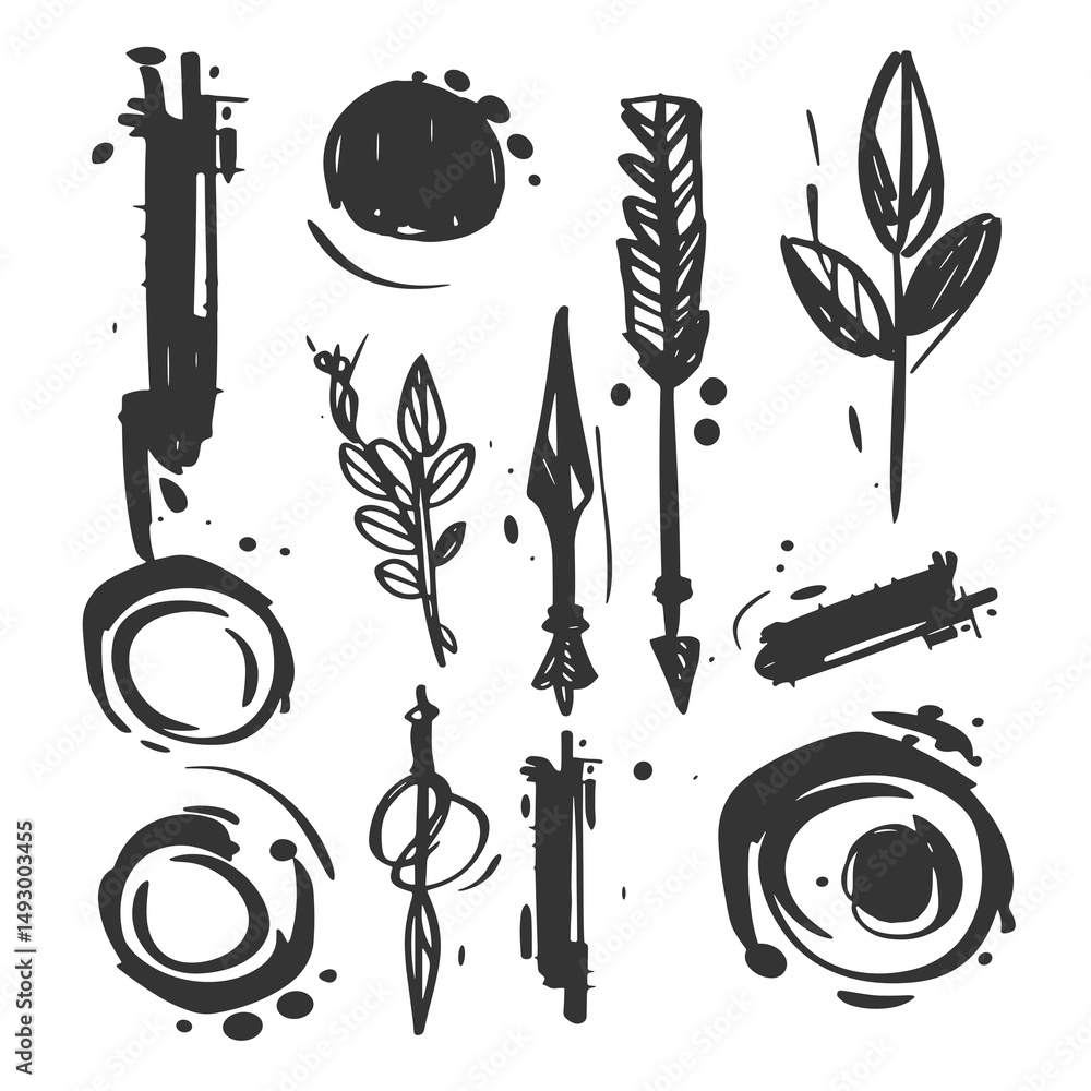 Poster abstract sketch set: a collection of hand-drawn elements featuring an arrow, circular shapes, leaf m