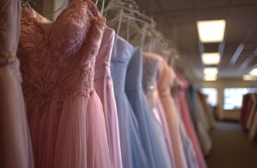 Formal gowns hanging in a store