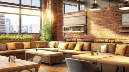 Cafe interior showing a modern, cozy, and bright seating area
