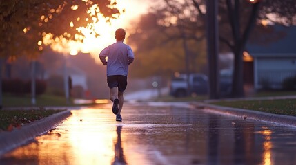 Person running on a wet street sunrise