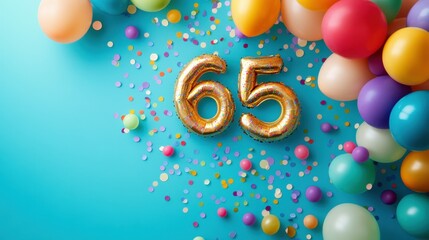 65th birthday card. Colorful celebration with the number 65 prominently displayed, surrounded by balloons and confetti, indicating a birthday celebration