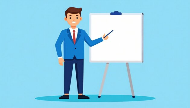 Businessman Presenting On Whiteboard In Blue Suit - Powered by Adobe