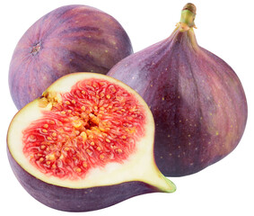 Fig isolated png. Figs with half on white or transparent background. Fresh whole and cut purple fig no background. Full depth of field. Transparent png.